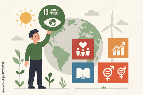 Climate Action SDG 13 vector illustration. Man with Sustainable Development Goals icons. Planet Earth, ecology, green energy, gender equality, education. Global sustainability concept.