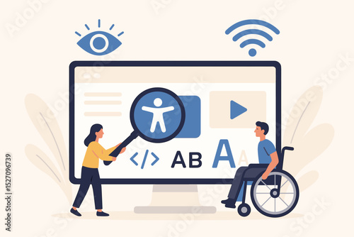 Web accessibility concept illustration. Inclusive user experience for people with disabilities. Man in wheelchair using computer. Developer checking UI for WCAG and ADA compliance.