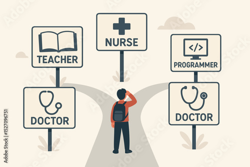 Career path choice concept. Confused student at a crossroads making a decision about his future job. Vector illustration with professions: doctor, teacher, nurse, programmer.