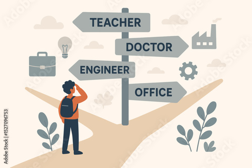Career path choice concept. Confused person at crossroads looking at signpost with job options: teacher, doctor, engineer, office. Future work decision and opportunity vector.
