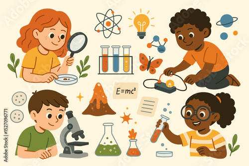Kids science education vector illustration set. Diverse cartoon children in fun experiments with microscope, test tubes. STEM learning, discovery and school concept with icons.