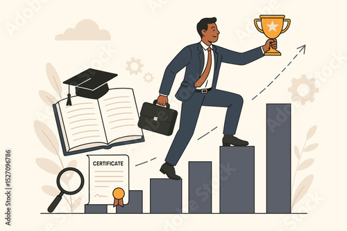 Continuous learning journey concept. Businessman climbing career ladder for success. Professional development, education, and knowledge for growth. Man with trophy and certificate.