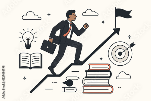 Continuous learning journey for career growth concept. Businessman climbs stairs of knowledge from books to achieve success. Professional development, ambition and goal vector illustration.