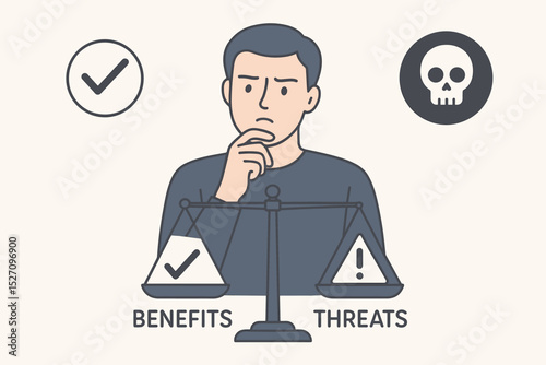 Man weighing benefits vs threats on scales. Decision making concept. Risk analysis, evaluation of pros and cons. Metaphor for dilemma, choice, business strategy, problem solving.