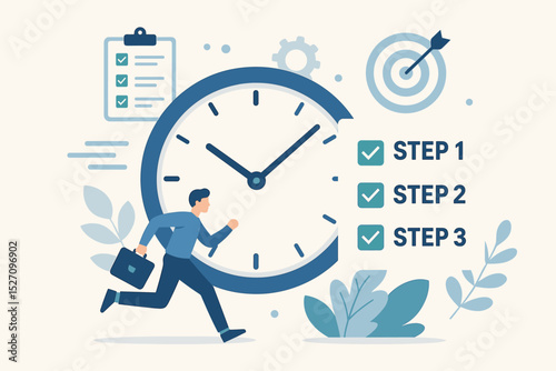 Efficient task management and time organization concept. Businessman running against a clock. Productivity, deadline, and planning illustration with checklist, target, and steps.