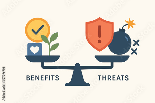 Benefits versus threats concept. Weighing pros and cons on a scale for decision making. Risk assessment, management and analysis. Strategic planning, business choice and opportunity.