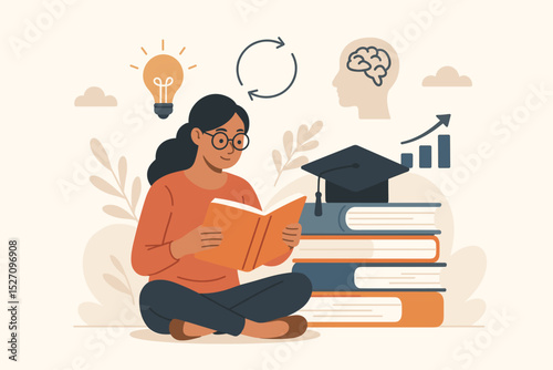 Continuous learning concept with woman reading book. Lifelong education for personal development, upskilling and professional growth. Knowledge acquisition and self-improvement.