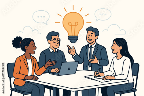 Business team collaboration, brainstorming session. Diverse colleagues in a meeting generating creative ideas. Lightbulb symbolizes innovation, teamwork, strategy, problem solving.