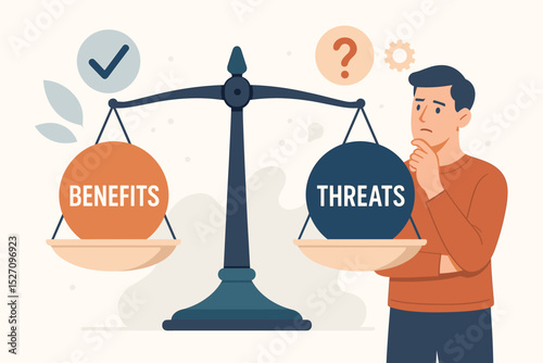 Decision making concept with a man weighing benefits versus threats on a scale. Business dilemma, comparing pros and cons, risk assessment, and strategic choice vector illustration.