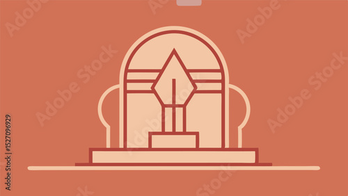 Stylized illustration of an abstract architectural structure and pen-like form