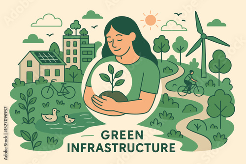 Green infrastructure vector concept. Woman holding plant in a sustainable city with renewable energy. Eco friendly lifestyle, environmental conservation, solar panels, wind turbine.