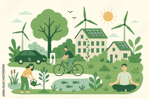 Sustainable community with green infrastructure. Eco friendly lifestyle concept. People cycling, planting, meditating. Renewable energy with wind turbines, solar panels, electric car.