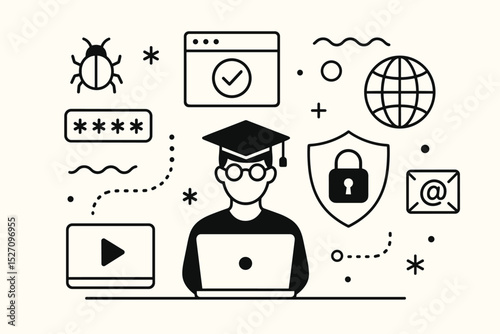 Cybersecurity education concept with student at laptop. Digital safety, internet security, data protection, privacy, virus, and password awareness. Online learning vector icons.