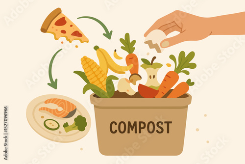 Composting kitchen scraps vector illustration. Hand putting organic food waste, leftovers, fruit, and vegetable peels into a compost bin. Concept of zero waste, recycling, and ecology.