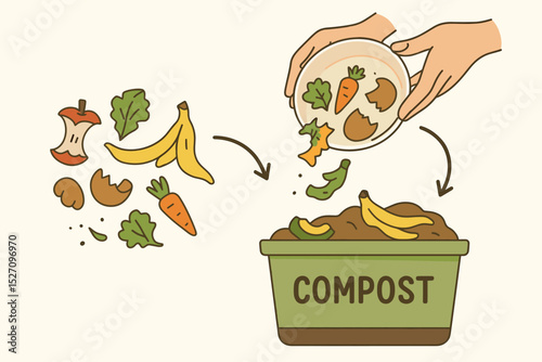 Composting kitchen scraps and organic food waste illustration. Person recycling leftovers like fruit peels and eggshells into a compost bin. Sustainable zero waste lifestyle concept.