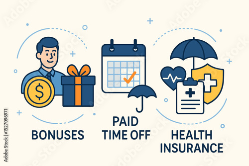 Employee benefits package concept vector illustration. Human resources icons for health insurance, paid time off, and financial bonuses. Corporate perks, compensation, and staff retention.