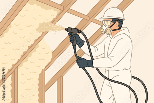 Contractor in protective suit applying spray foam insulation in attic. Worker with spray gun installing polyurethane foam on roof structure. Home improvement, energy efficiency vector.