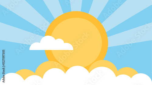 Stylized sunny day illustration with clouds and bursting sun rays