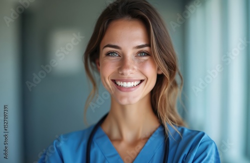 Smiling young nurse wearing blue scrubs. Happy female medical worker with beautiful face. Portrait of attractive cheerful woman in healthcare. Healthcare worker posing with stethoscope. Free Download Smiling young nurse wearing blue scrubs. Happy female medical worker with beautiful face. Portrait of attractive cheerful woman in healthcare. Healthcare worker posing with stethoscope. - GFXLoad