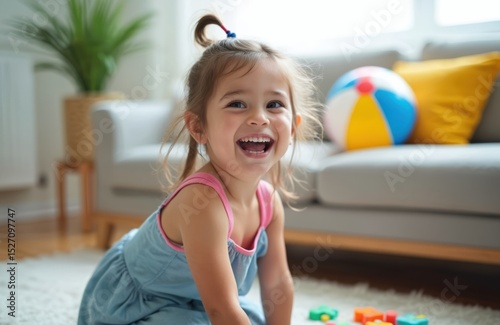 Happy toddler girl smiles joyfully. Child with autism spectrum disorder plays with toys at home in therapy session living room. Healthy childhood, family, new normal. photo