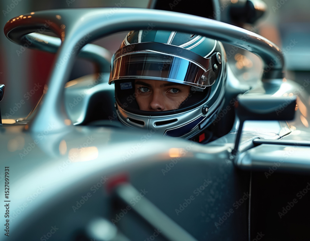 Obraz premium Formula 1 driver concentrates before race in car. Motorsport vehicle. Racing helmet with visor, modern tech. Intense look expressing focus. High speed motorsport. Extreme sports.