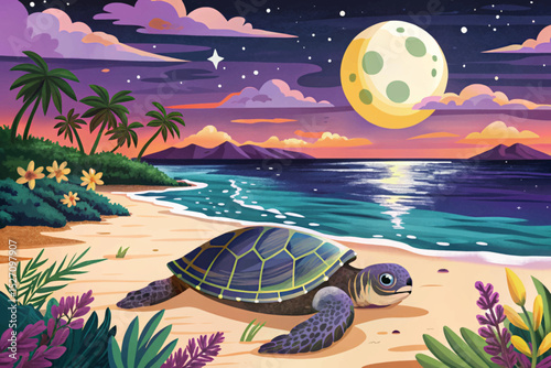 Vector illustration of a moonlit beach with sea turtle nesting perfect for environmental awareness, wildlife protection, and serene coastal night scenes