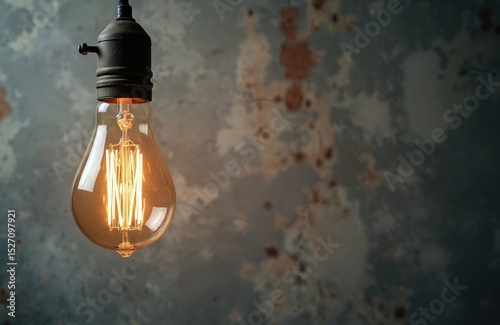 Incandescent light bulb with tungsten filaments on old grey concrete wall background. Idea. Retro design. Edison light bulb. Antique, vintage style. Warm light, glowing, save energy concept.