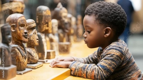 A curious child admires intricate wooden sculptures, immersed in the art and history surrounding them. The moment captures wonder and the significance of cultural heritage.