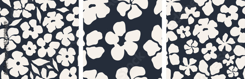 Abstract floral seamless pattern set. Abstract hand-drawn black and white flower print with a repeating layout. Suitable for stationery, textile design, and gift wrap. Vector illustration