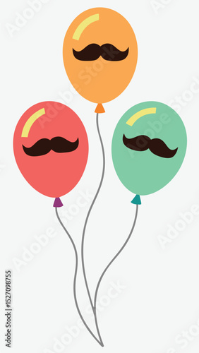 Whimsical illustration of balloons with mustache decorations on a white background