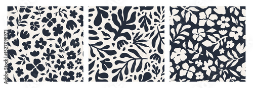Abstract floral seamless pattern set. Minimalist flower pattern with bold abstract forms. Suitable for wallpaper, fabric, wrapping, and decor design. Vector illustration