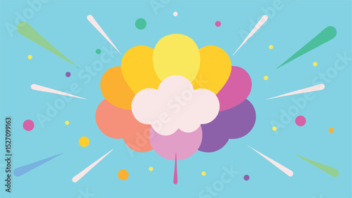 Abstract and colorful burst of stylized floral design elements with radiant starburst rays