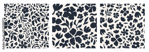 Abstract floral seamless pattern set. Artistic floral repeat pattern with organic simplicity in black and white colors. Suitable for surface design, product packaging, wall prints. Vector illustration