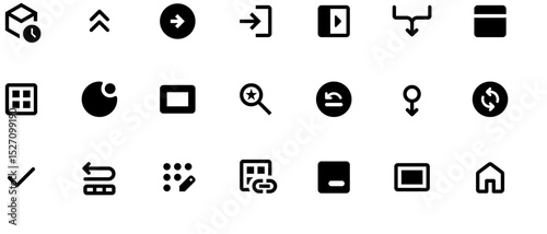 Black and white vector icon set for web development tools, featuring code editor, computer with mouse, keyboard, and arrows linking elements, flat design on white background, 35x68 pixels.