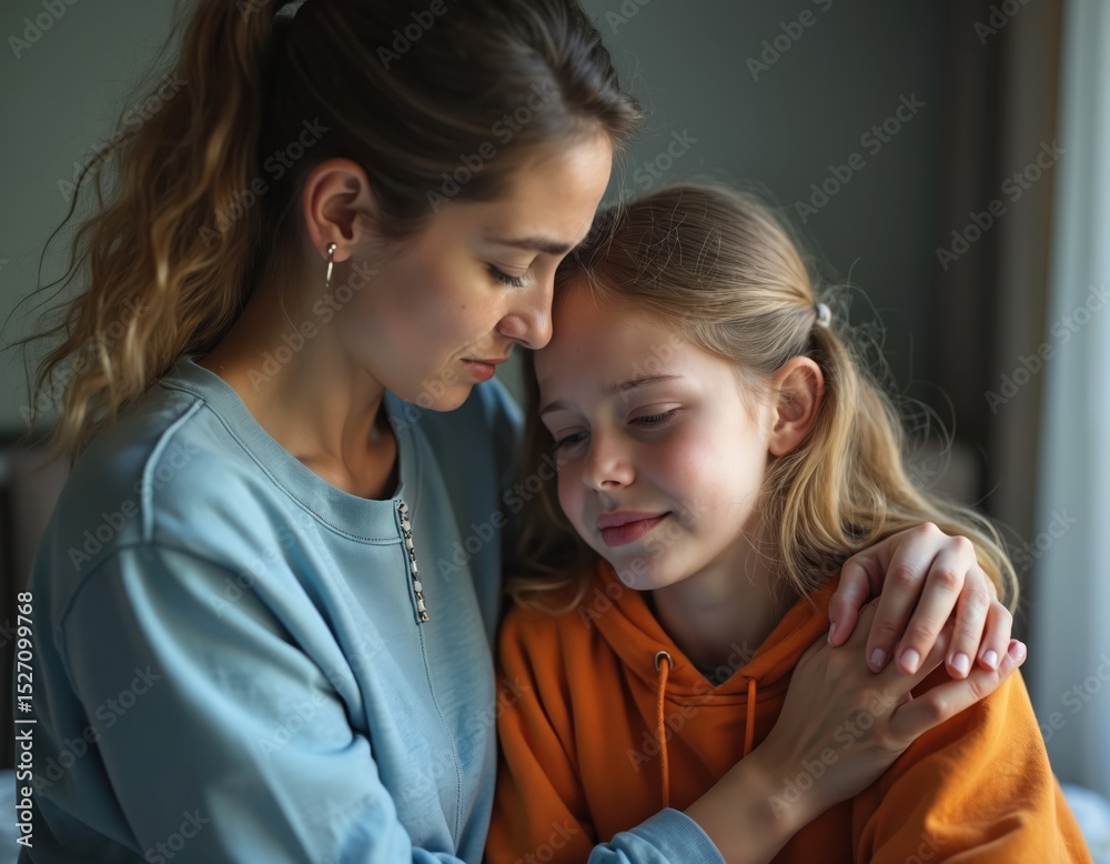 Mother comforts upset teenager. Mom hugs daughter, provides emotional support. Family relationship emphasizes understanding, empathy. Love, care, connection, trust, bonding, communication in home. Mother comforts upset teenager. Mom hugs daughter, provides emotional support. Family relationship emphasizes understanding, empathy. Love, care, connection, trust, bonding, communication in home.