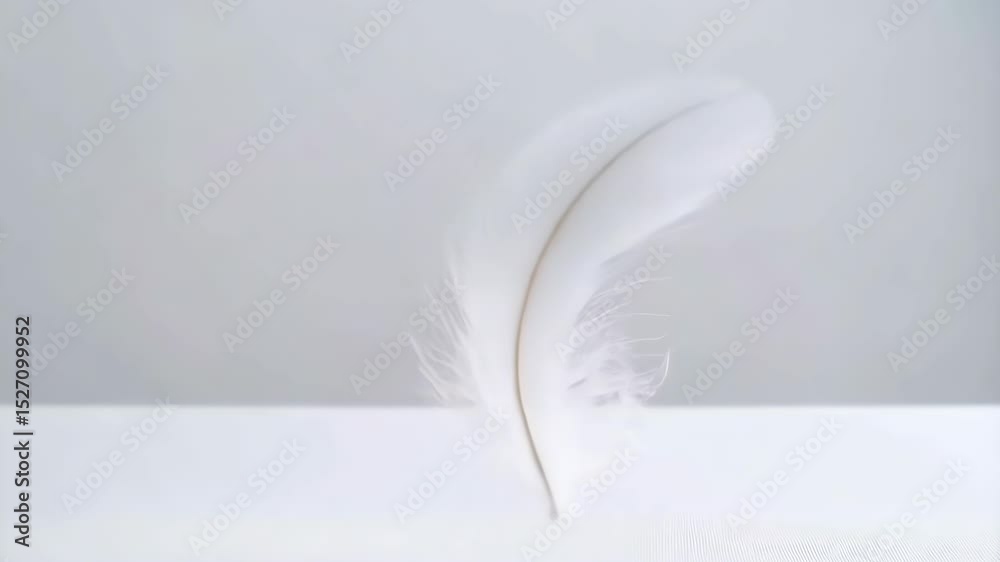 Single white feather hovering mid-air against pale gray background with gentle shadows, embodying lightness and purity