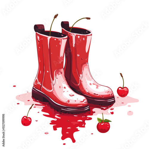 Boots Splash Cherry Puddle vector 2D flat illustration, isolated on a white background.