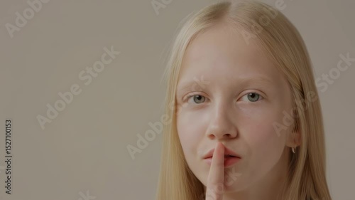 Young girl with finger on lips making silence gesture
