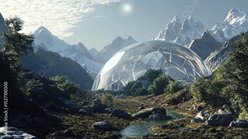 Futuristic dome nestled in snowy mountains