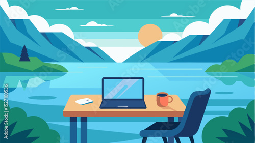 The freelancers lakeside desk was the perfect blend of modern technology and natural beauty with a laptop sitting against the stunning backdrop of the lake.. Vector illustration