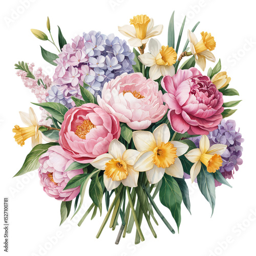Beautiful spring floral bouquet watercolor peonies daffodils hydrangeas on transparent background