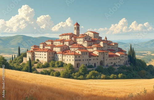 Scenic view of Pietrabbondante Molise Italy with historic stone buildings, red tile roofs. Ancient town, hilltop village on background of hills, fields, blue sky, white clouds. European travel, photo