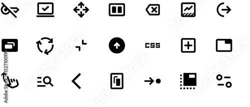 Simple black and white vector icons including arrows, play button with exclamation, like symbol, gallery crosses, laptop, charts, and mobile app UI elements