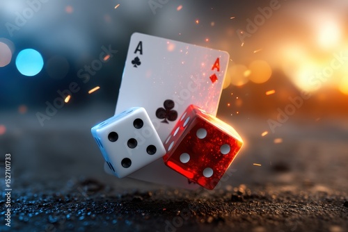 A pair of dice and playing cards are caught mid-air, surrounded by vibrant sparks. The atmosphere illustrates the tension of a gaming night, combining luck and strategy in a thrilling moment.