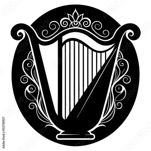 Ornate black and white harp illustration