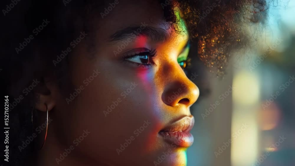 Beautiful african american woman with diverse spectrum light on face. Diversity, equality, and colorful prism effect concept. Footage.