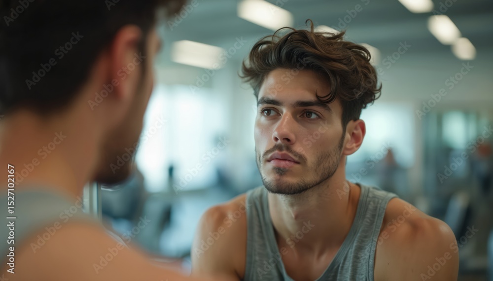 Young man gazes into mirror at gym. Self-awareness, introspection during workout. Athletic male looking serious, emotional. Confidence, motivation, strength. Training, gym life, healthy lifestyle. Young man gazes into mirror at gym. Self-awareness, introspection during workout. Athletic male looking serious, emotional. Confidence, motivation, strength. Training, gym life, healthy lifestyle.
