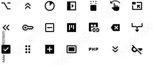 Black vector icons for text styling software, featuring arrows, chat bubble, play button, camera shutter, and color palette on white background, simple high-resolution designs