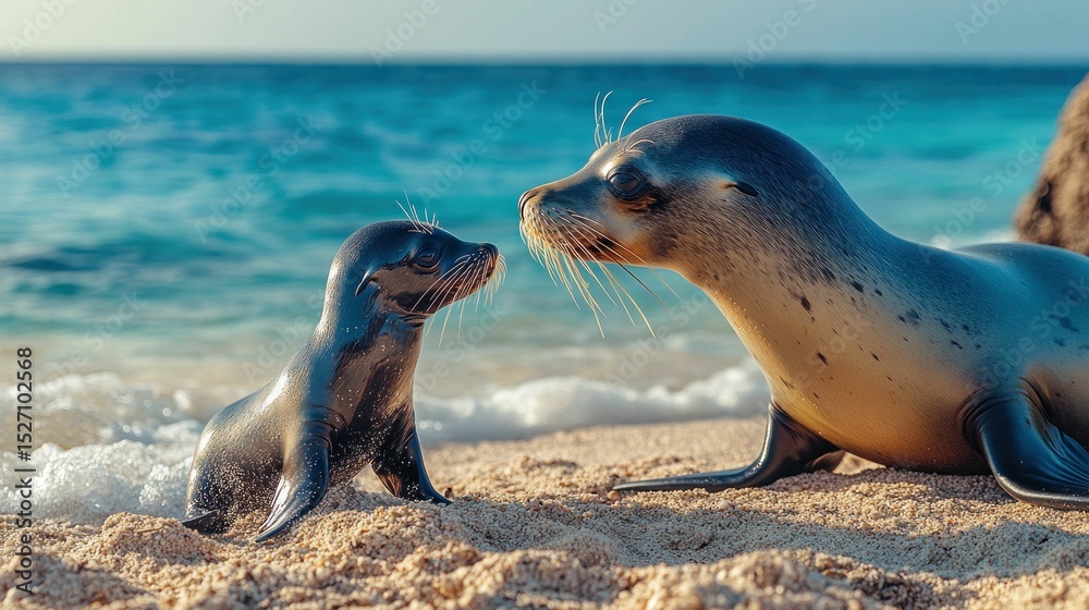 Fototapeta premium Touching moment: endearing sea lion pup greets its mother on the shore
