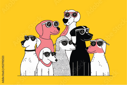 Hand drawn style illustration of cool dogs wearing summer sunglasses